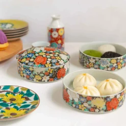 Seikou Porcelain Black Floral Motif Sweets Container, 3 Compartments
