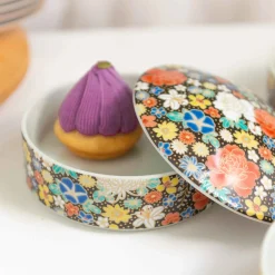 Seikou Porcelain Black Floral Motif Sweets Container, 3 Compartments